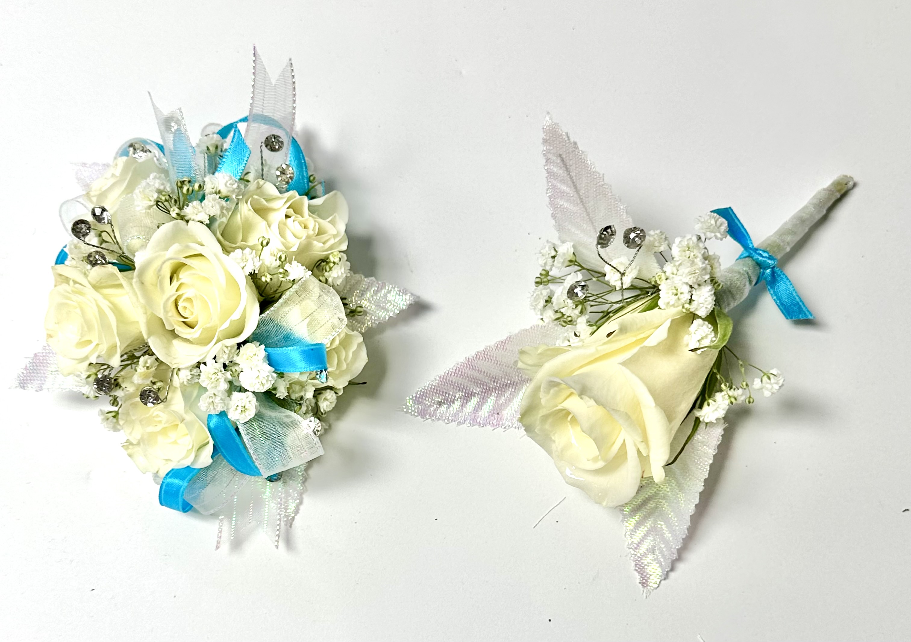 Teal and White Corsage and Boutonniere