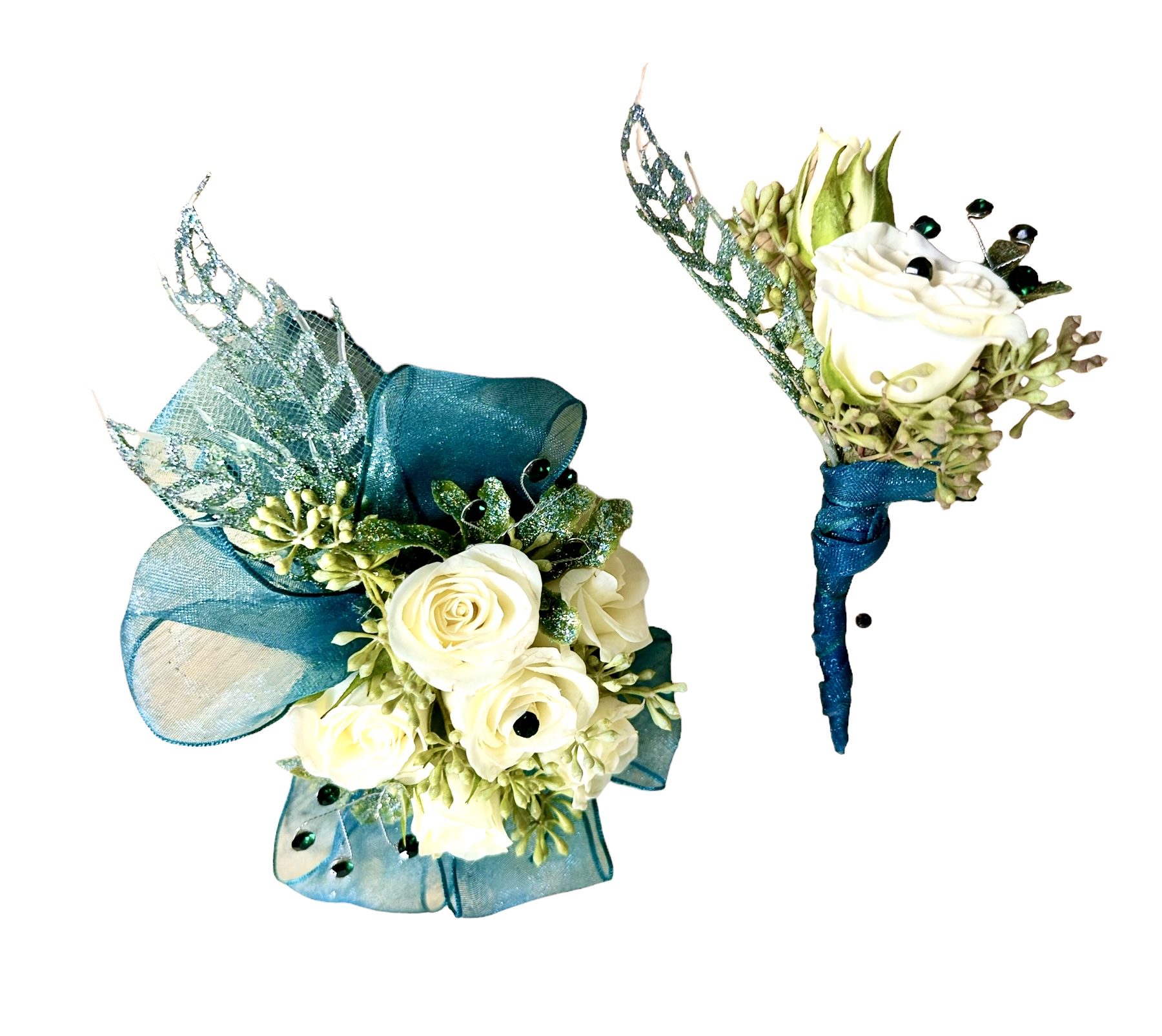 dark blue corsage and boutonniere