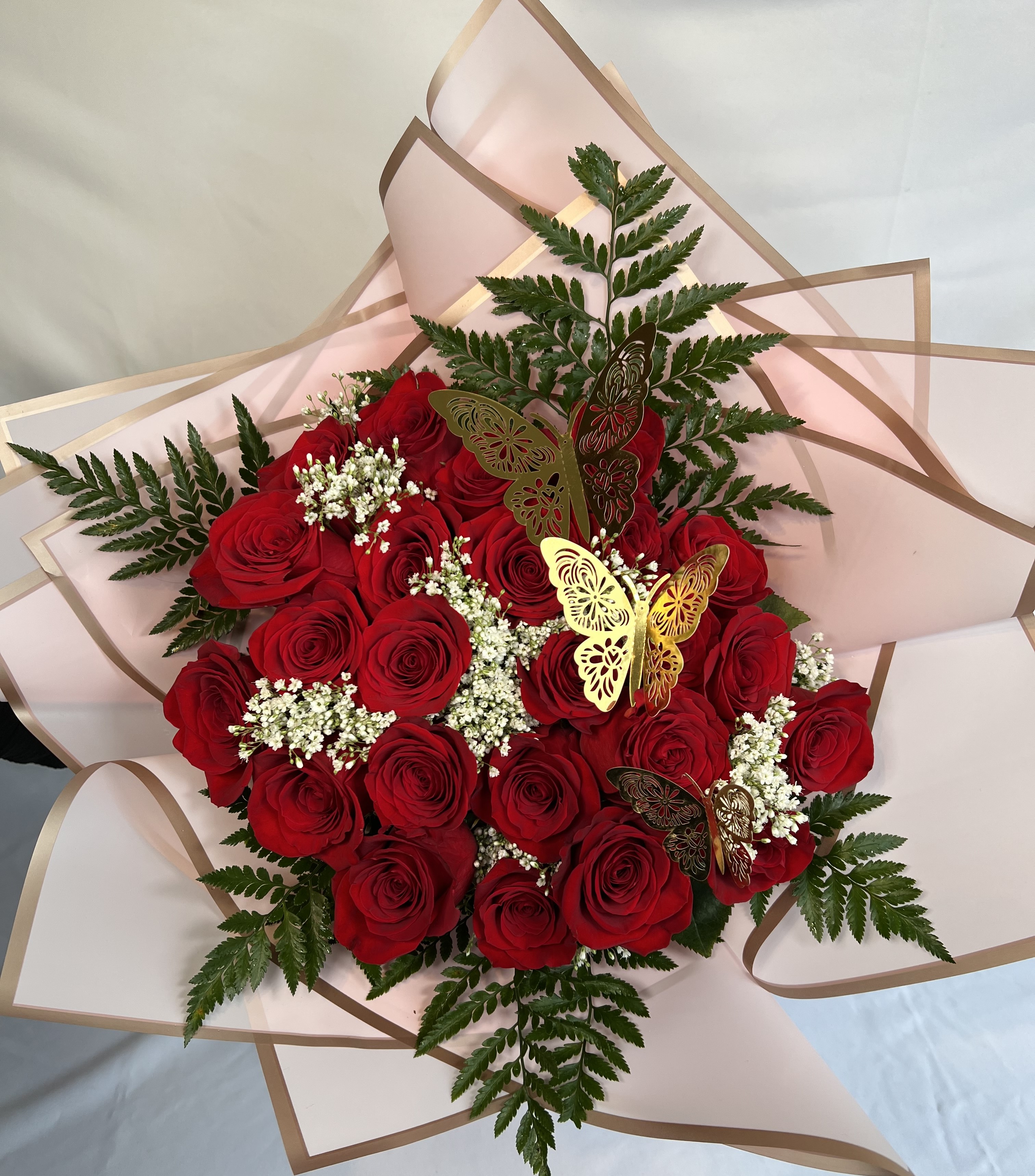 061 Beautiful Sunflowers and Red Roses Bouquet Decorated with Butterflies  and a Golden Crown - Love Flowers Miami