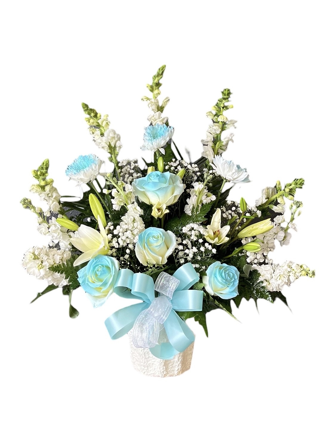 Turquoise and White Basket Flower Delivery Gallup NM The Blossom Shop