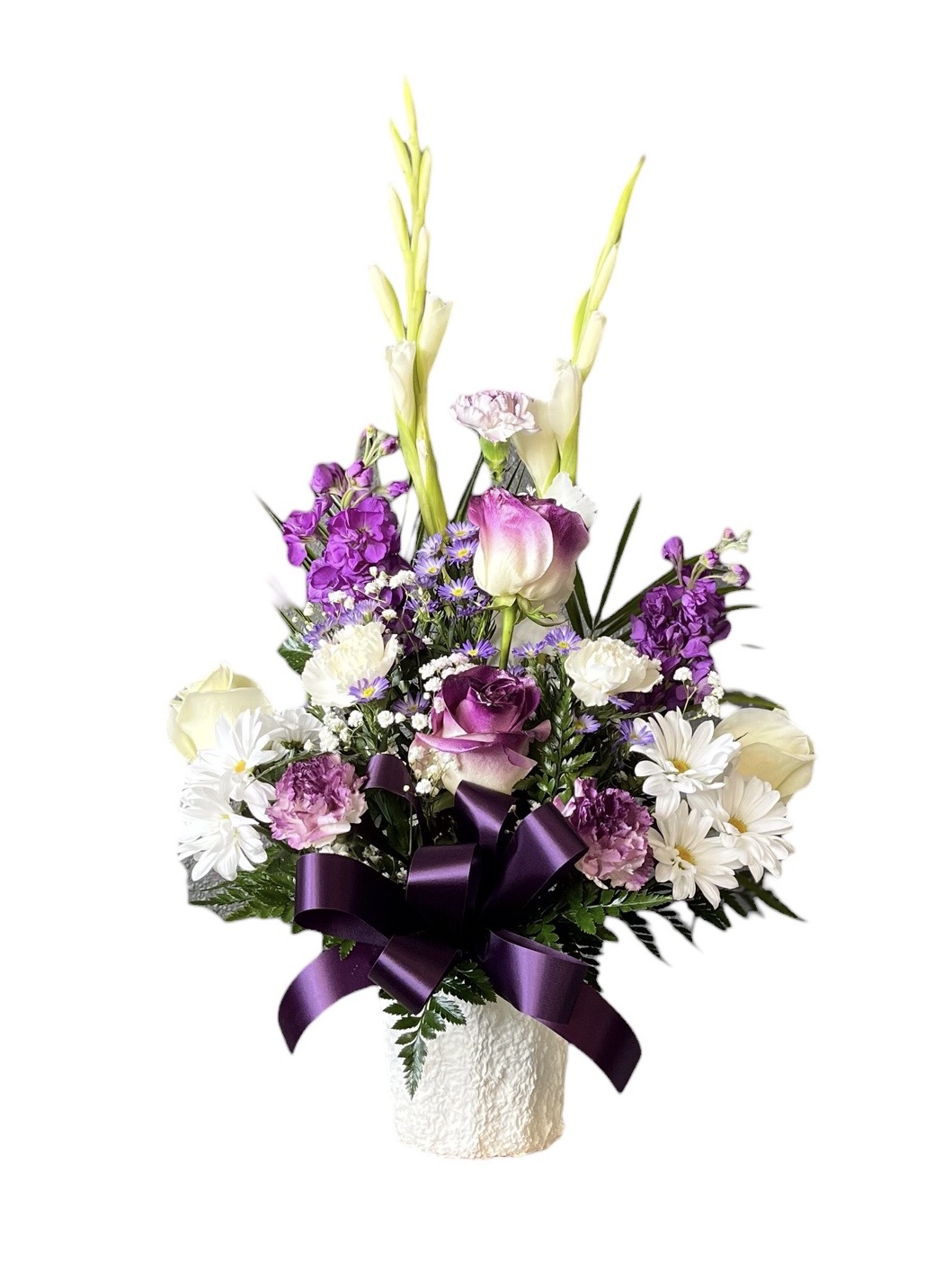 Purple and White Basket Flower Delivery Gallup NM The Blossom Shop