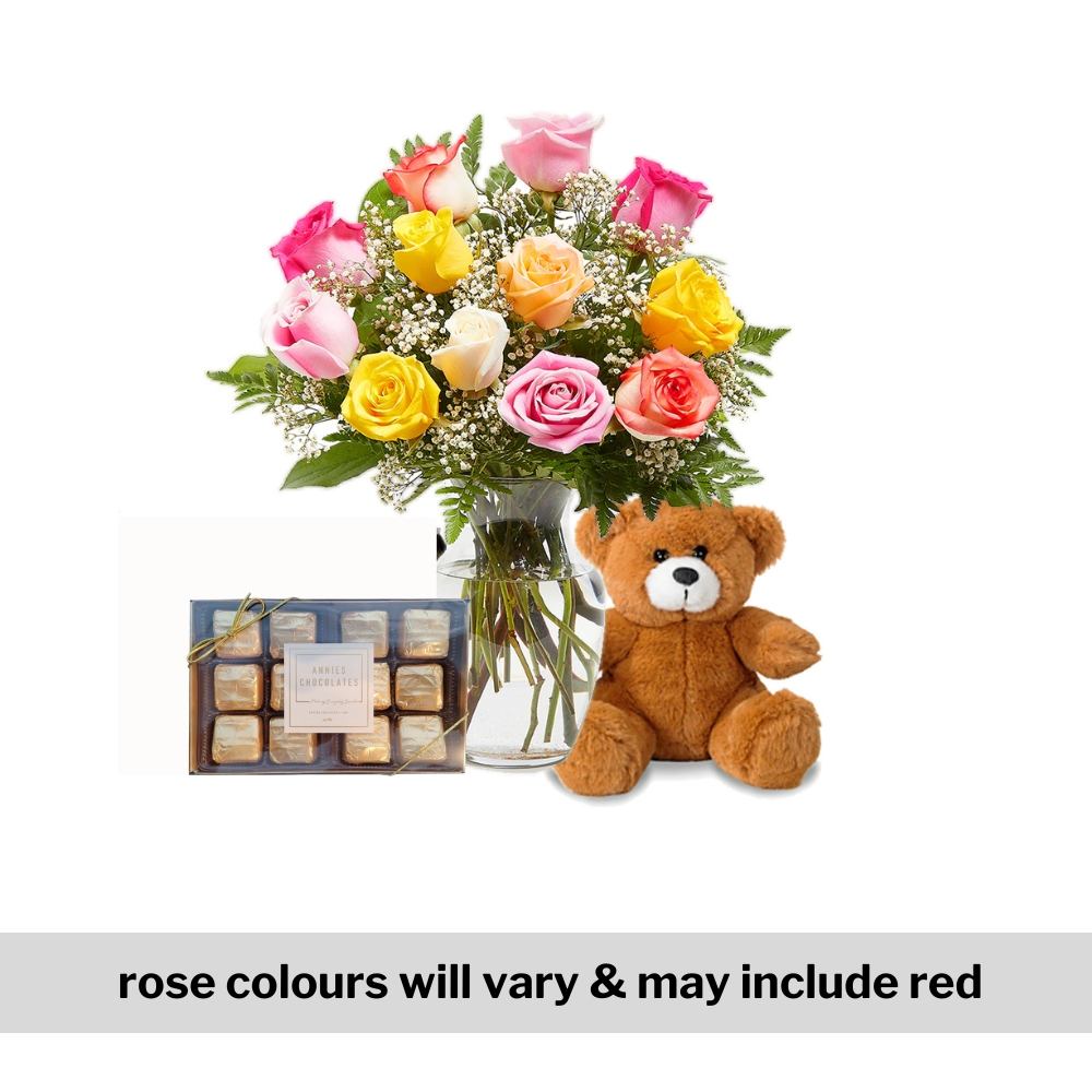 Timeless Combo One Doz Roses Arranged with Stuffy & Chocolates Flower