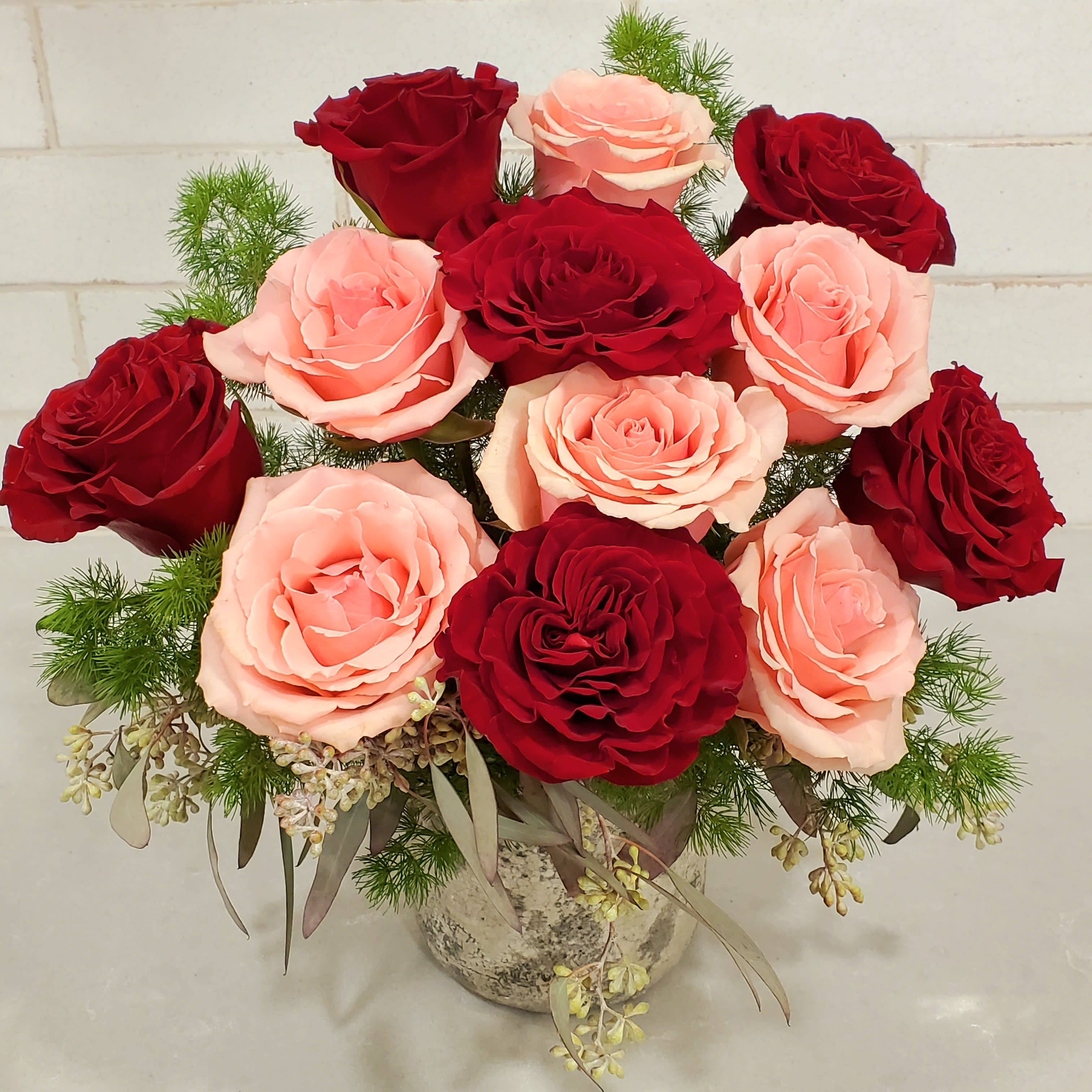 Vased Roses Dozen Red & Pink Roses in a Vase | Middleboro & South Shore MA Florist