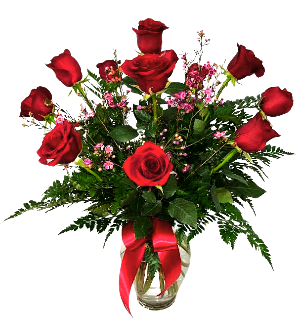 12 Long-Stem, Red Roses with Purple Waxflower R-1709