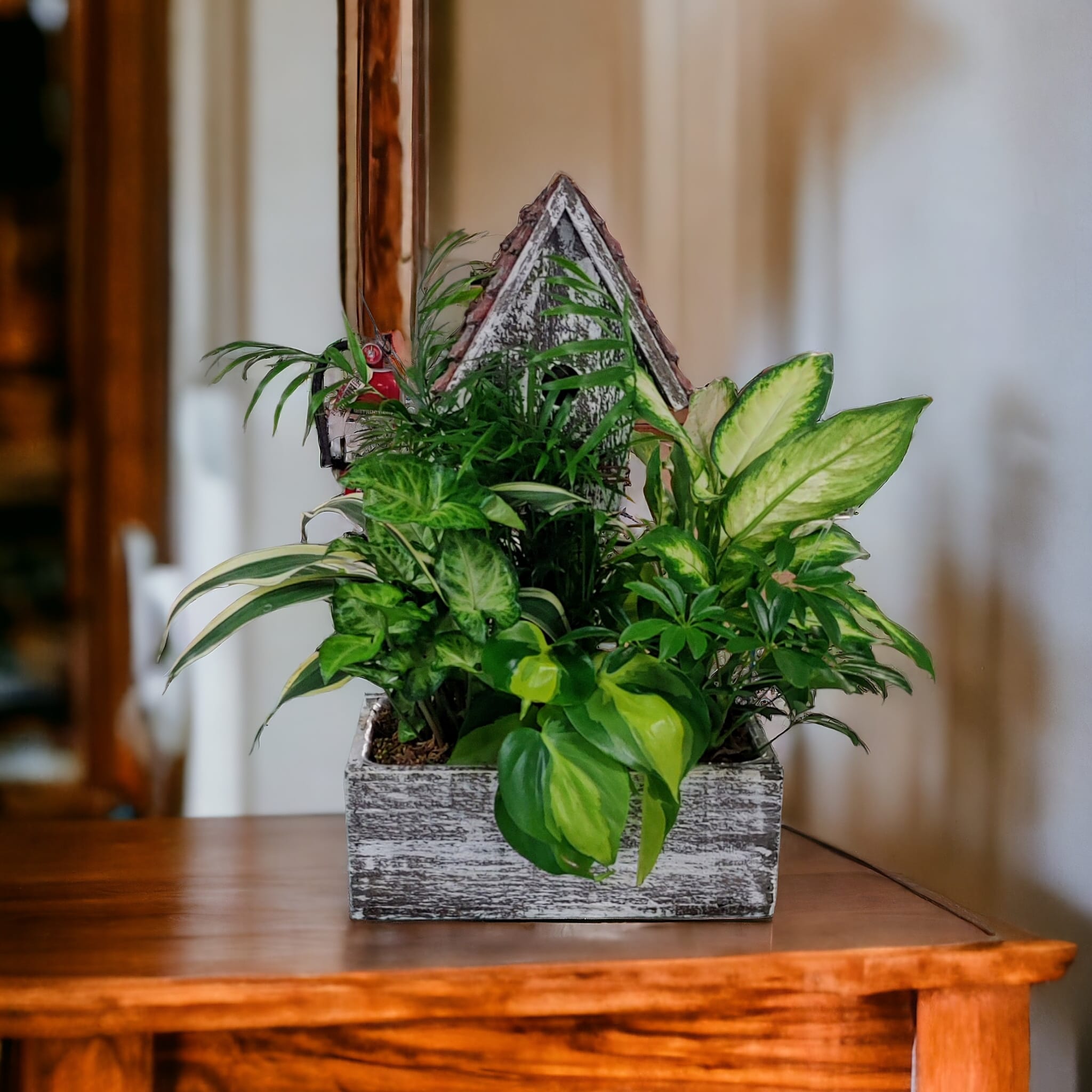 Whitewashed Birdhouse Green Planter Flower Delivery Fort Wayne IN