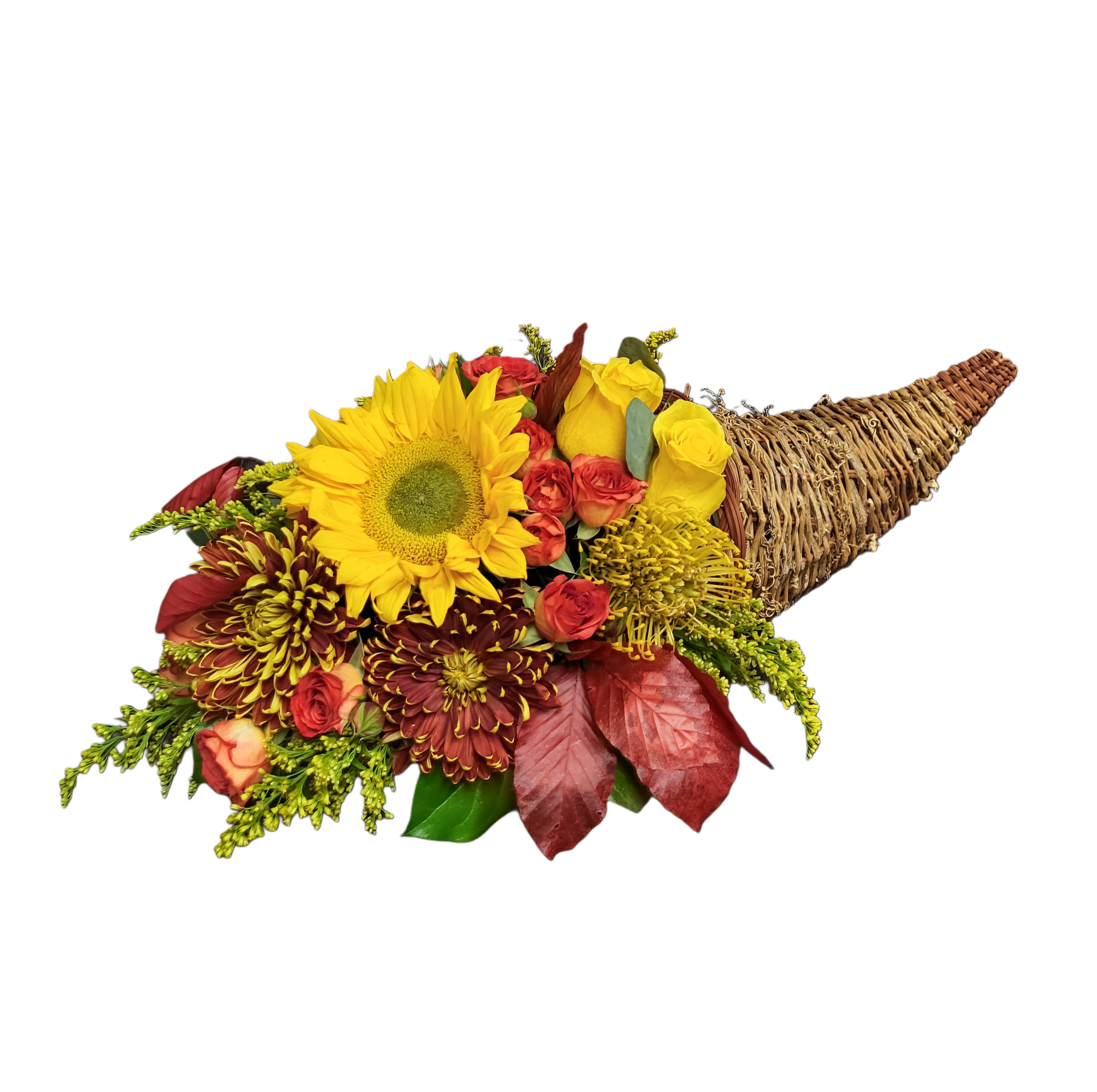 FL-10 Cornucopia de girasol, proteas, spray roses, rosas, crisantemos y ...