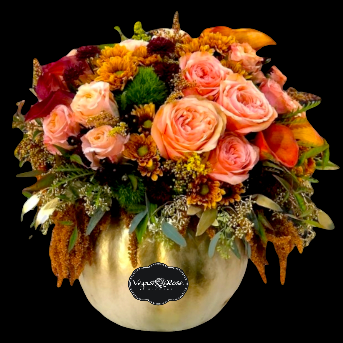 Orange and Pink Flowers in Box with Pumpkin Orange and Pink Flowers in Box with Pumpkin