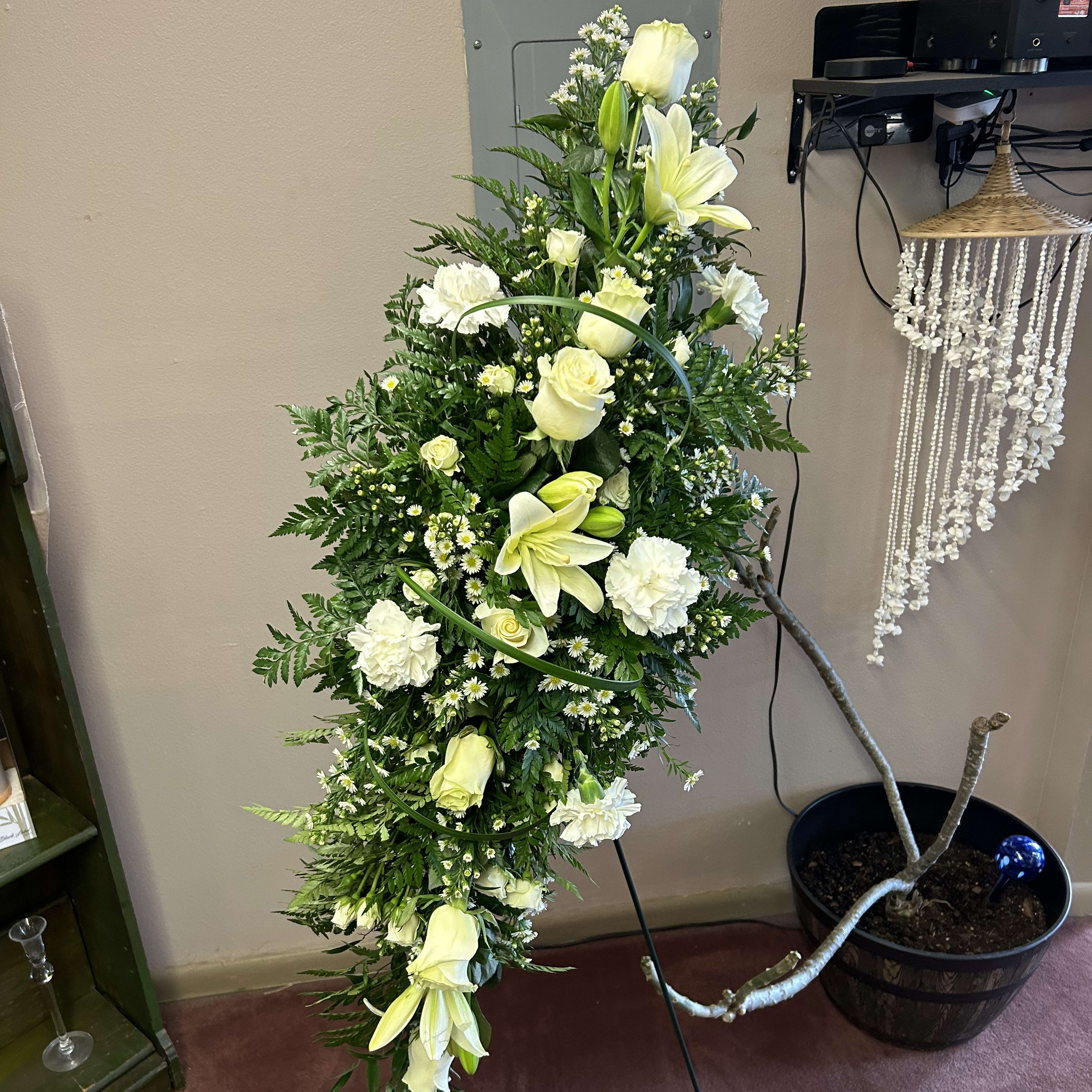 All White Crescent Spray Stand Flower Delivery Hastings MN