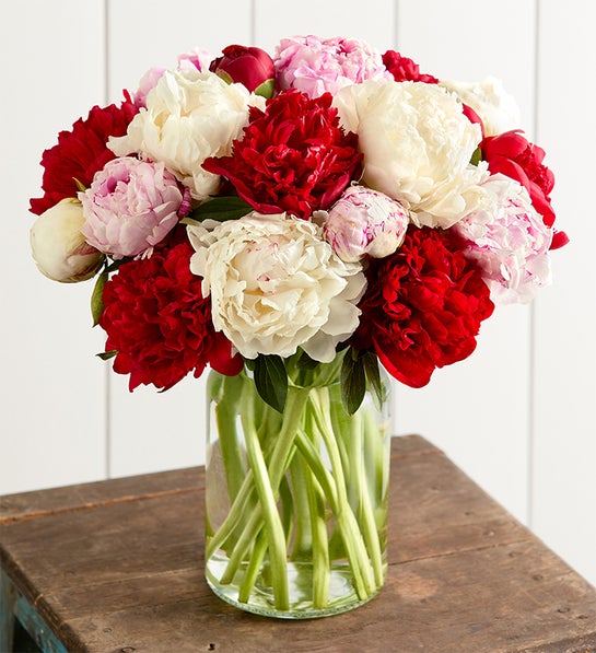 Red, White & Pink Peony Bouquet | 1800Flowers.com