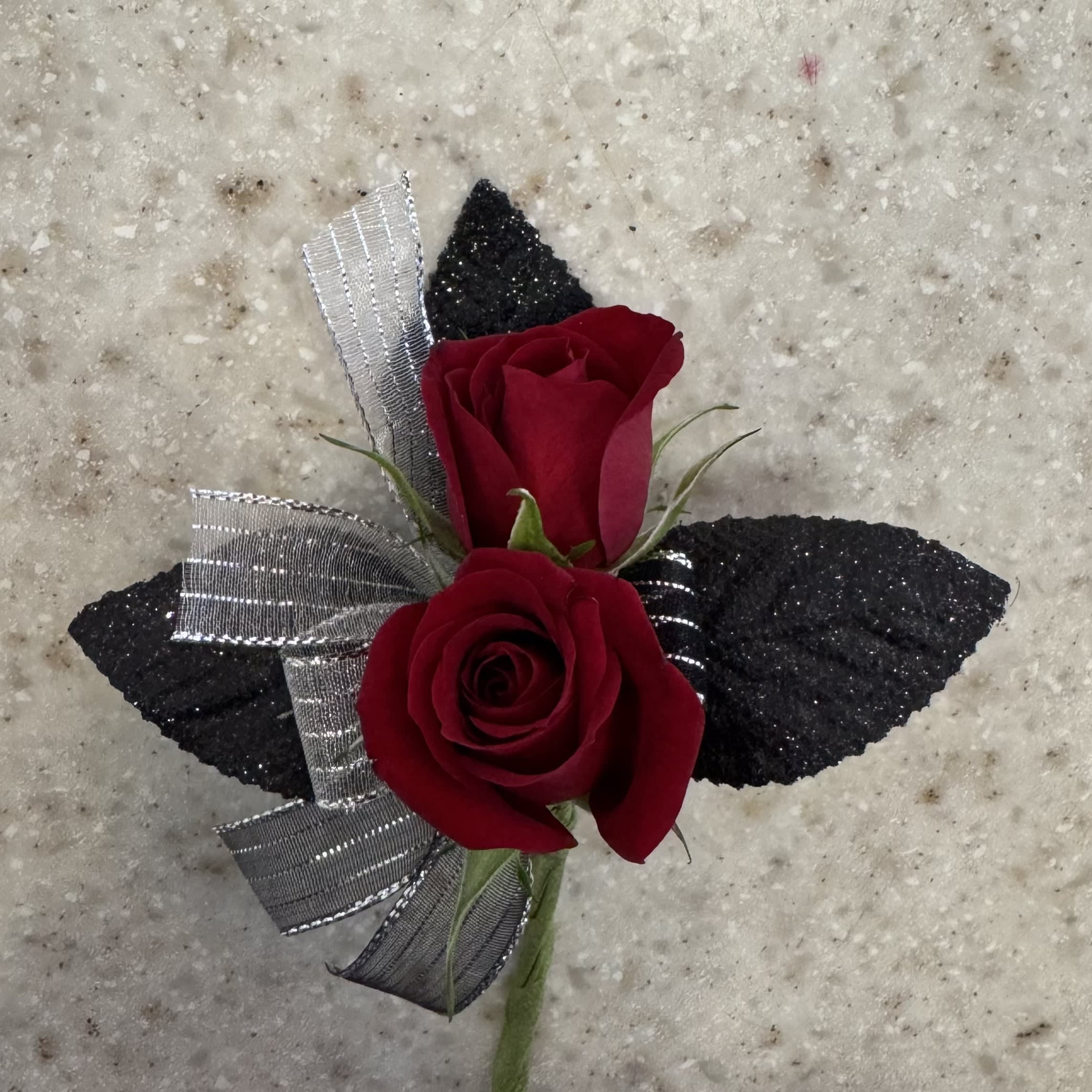 Red Rose Boutonniere w/Black & Silver Accents in Highland, IL