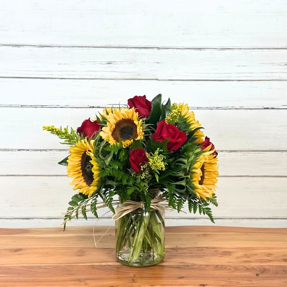 Brilliant Sunflowers and Red Roses