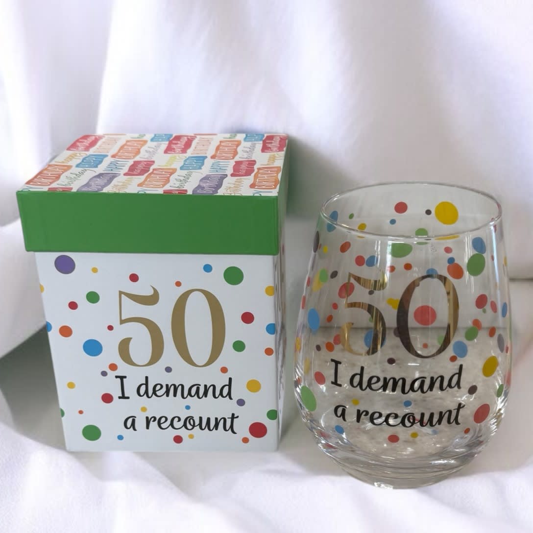 50th Birthday Stemless Wine Glass in Highland, IL | The Greenhouse of  Highland Florist & Gift Shop