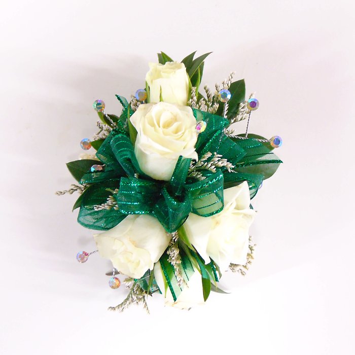 Five White Rose Wrist Corsage-Emerald Green Ribbon arranged by a florist in  Avon, NY : Avon Floral World, Gift Shoppe, & Flower Delivery