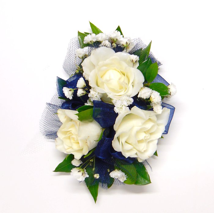 formal corsage for navy dress Navy Blue Rose Corsage & Boutonniere Set: Prom Flowers With Jewel