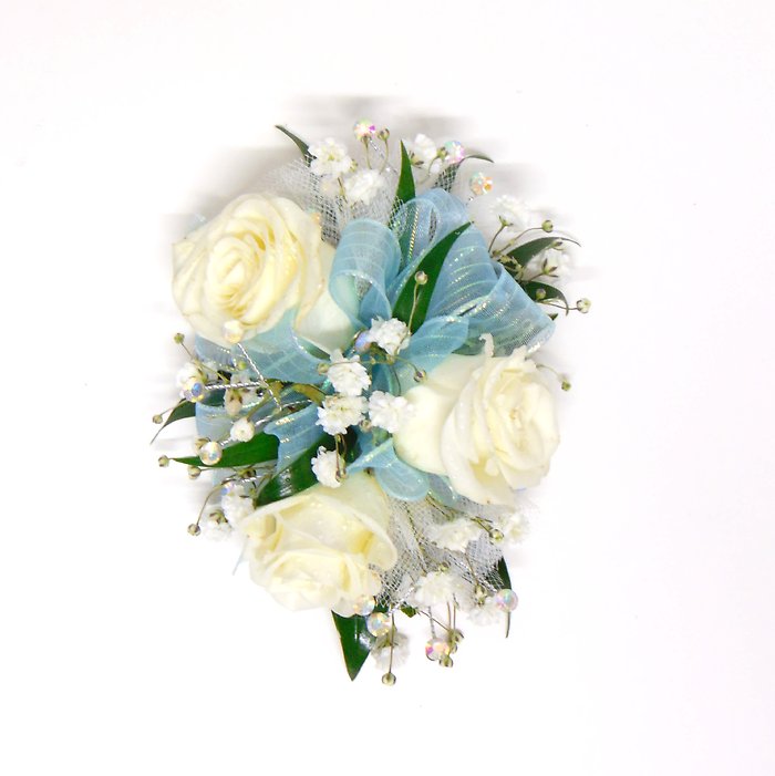 White Spray Rose Wrist Corsage, Light Blue Ribbon, Bling arranged by a  florist in Avon, NY : Avon Floral World, Gift Shoppe, & Flower Delivery