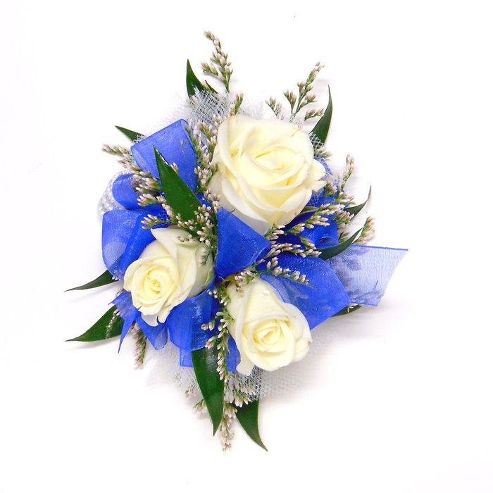 White Spray Rose Wrist Corsage-Royal Blue Ribbon arranged by a