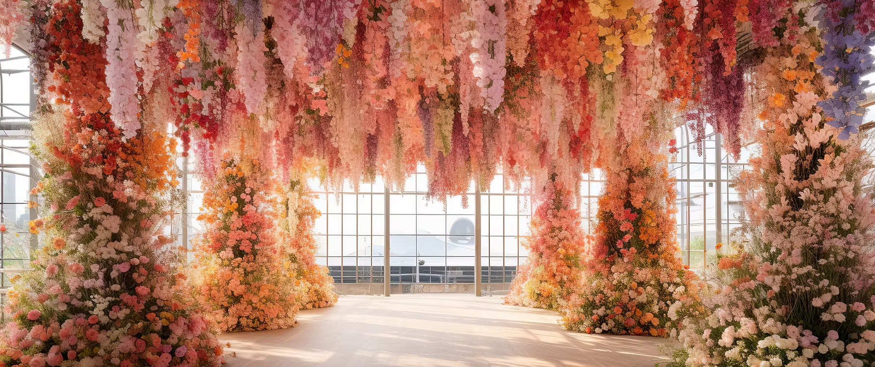 Floral archway with pink and peach blooms