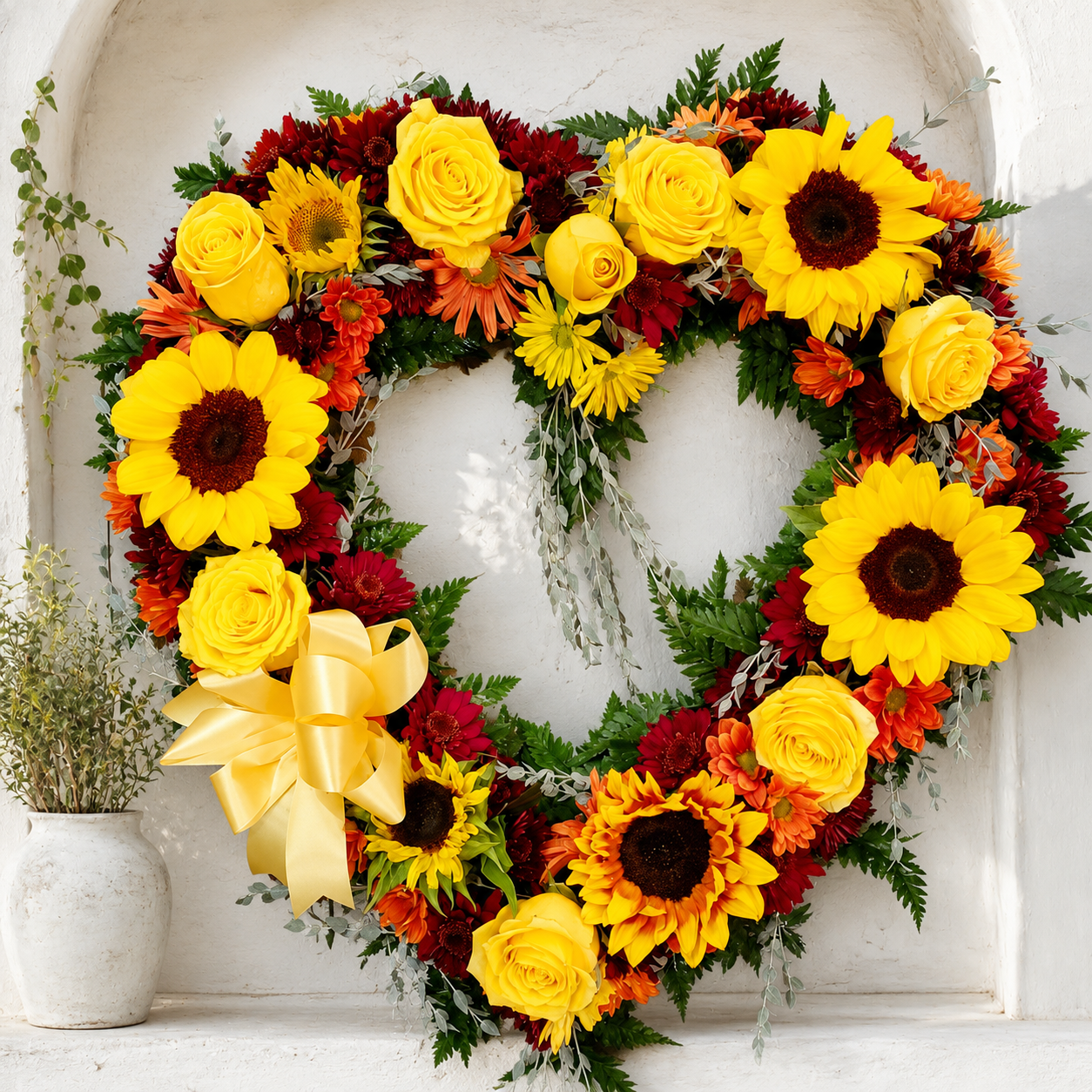 Autumn Sunflower Easel Heart funeral tribute by Reynolds Flowers for sympathy flower delivery in Mattapoisett Massachusetts