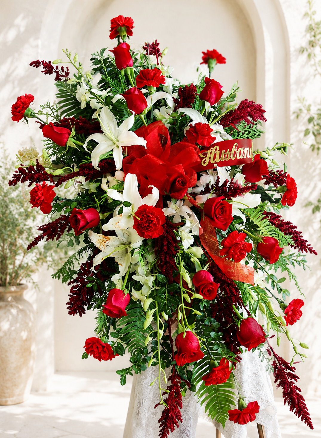 August Spray red and white funeral standing spray with roses, lilies and carnations by Reynolds Flowers
