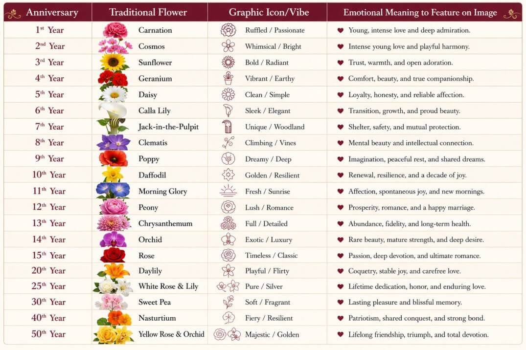 Anniversary Flowers by Year Milestone Chart - Toms Towers Flowers