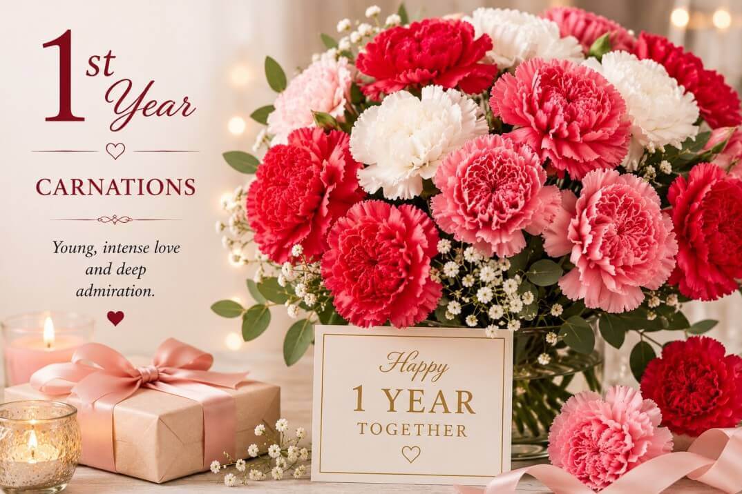 1st anniversary flower - A vibrant bouquet of pink and red carnations for a 1st wedding anniversary by Toms Towers Flowers.