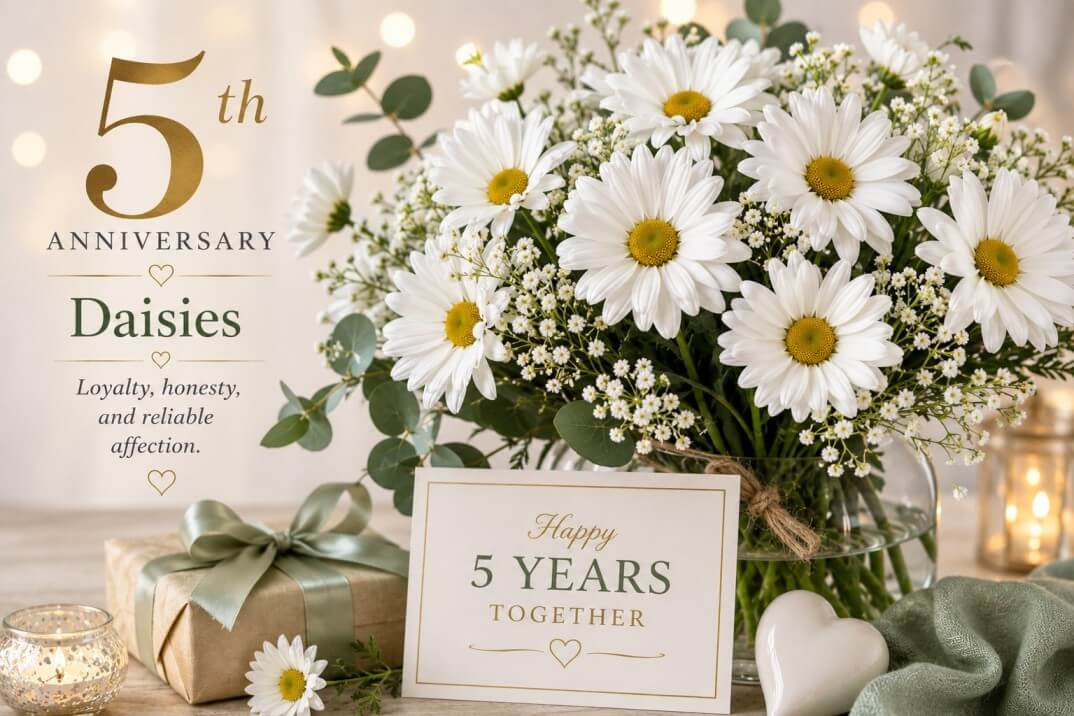 Fifth Anniversary – Daisies - Fresh white and yellow daisies arranged nicely as a traditional 5th wedding anniversary gift.