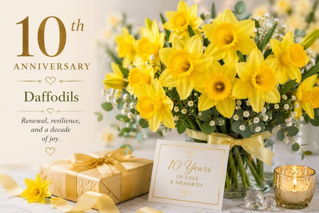 Tenth Anniversary – Daffodils - A cheerful arrangement of bright yellow daffodils celebrating a 10th milestone wedding anniversary.