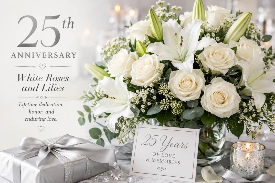 Twenty-Fifth Anniversary – White Roses and Lilies - An elegant silver milestone bouquet featuring crisp white roses and luxury lilies for a 25th wedding anniversary.