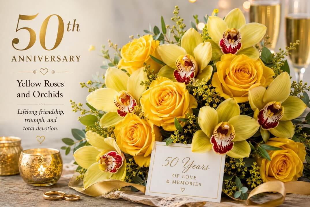 Fiftieth Anniversary – Yellow Roses and Orchids - A luxury golden milestone arrangement with bright yellow roses and orchids for a 50th wedding anniversary by Toms Towers Flowers.