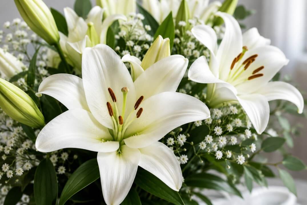 Lily flower meaning - Elegant white trumpet lilies arranged beautifully for an anniversary or sympathy floral display.
