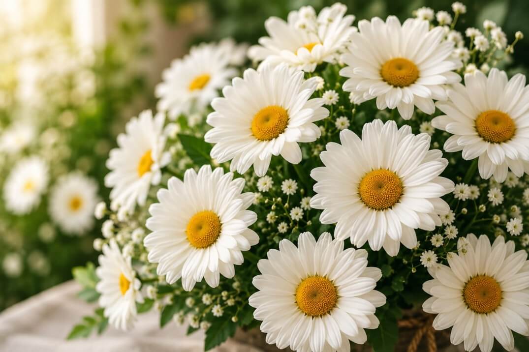 daisy flower meaning - A simple, playful arrangement of fresh white daisies bringing joyful energy to a birthday bouquet.