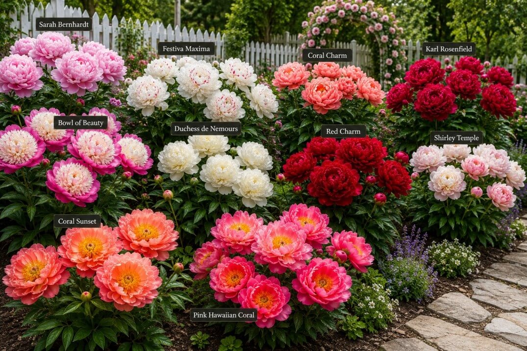 peony flowers for gardens - A vibrant mix of different types of peony flowers for stunning summer garden ideas.