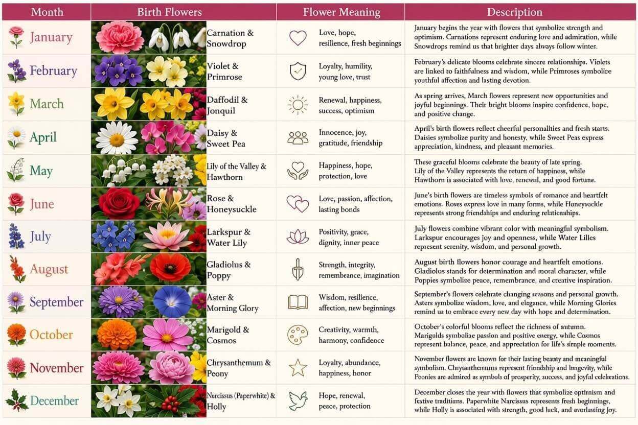 Complete 12-month birth flower meaning chart table and floral symbolism guide