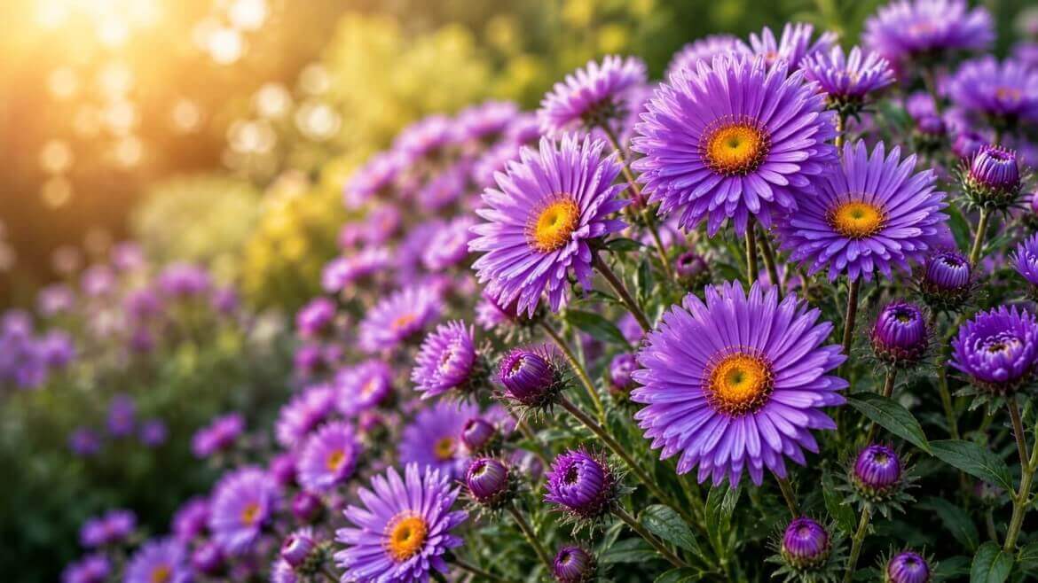 Asters flower meaning - Star-shaped purple Aster blooms in full late summer bloom
