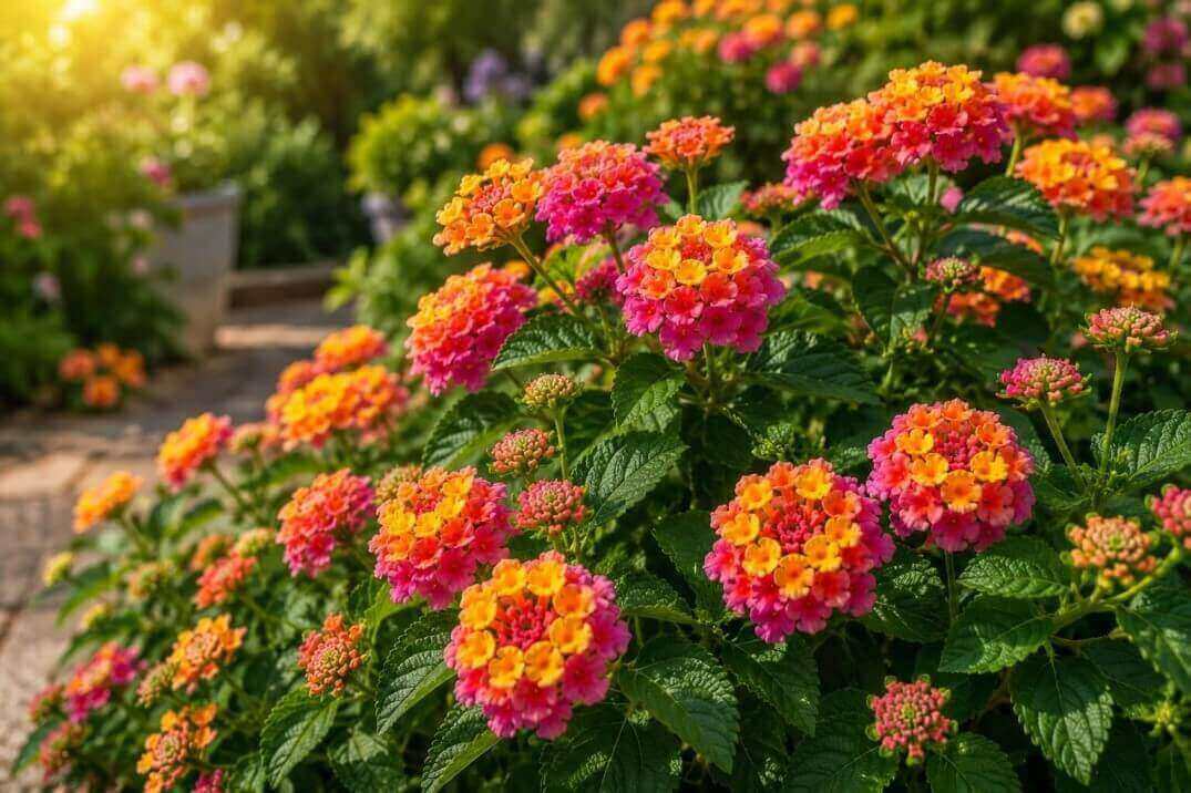Lantana Flower - Vibrant multi-colored Lantana flowers blooming in high summer heat