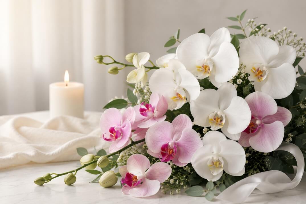White and pink orchids can represent everlasting love, plus enduring remembrance.