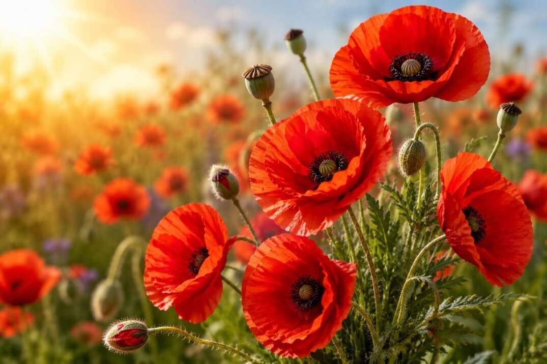 Poppies - Delicate red poppy flower with papery bowl-shaped petals