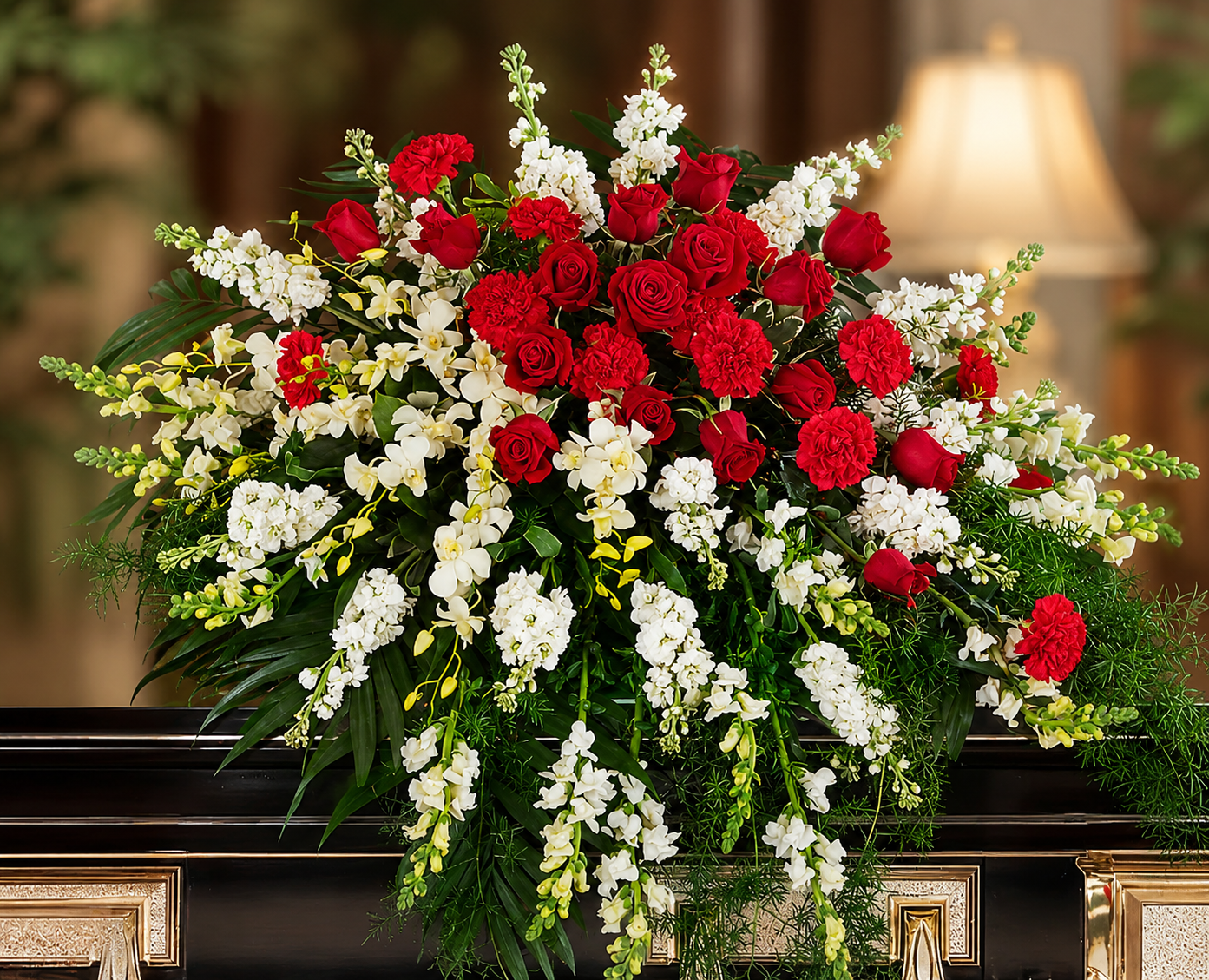 Cherished Moments Casket Spray by Reynolds Flowers for funeral flower delivery to Dahlborg-MacNevin Funeral Home Lakeville
