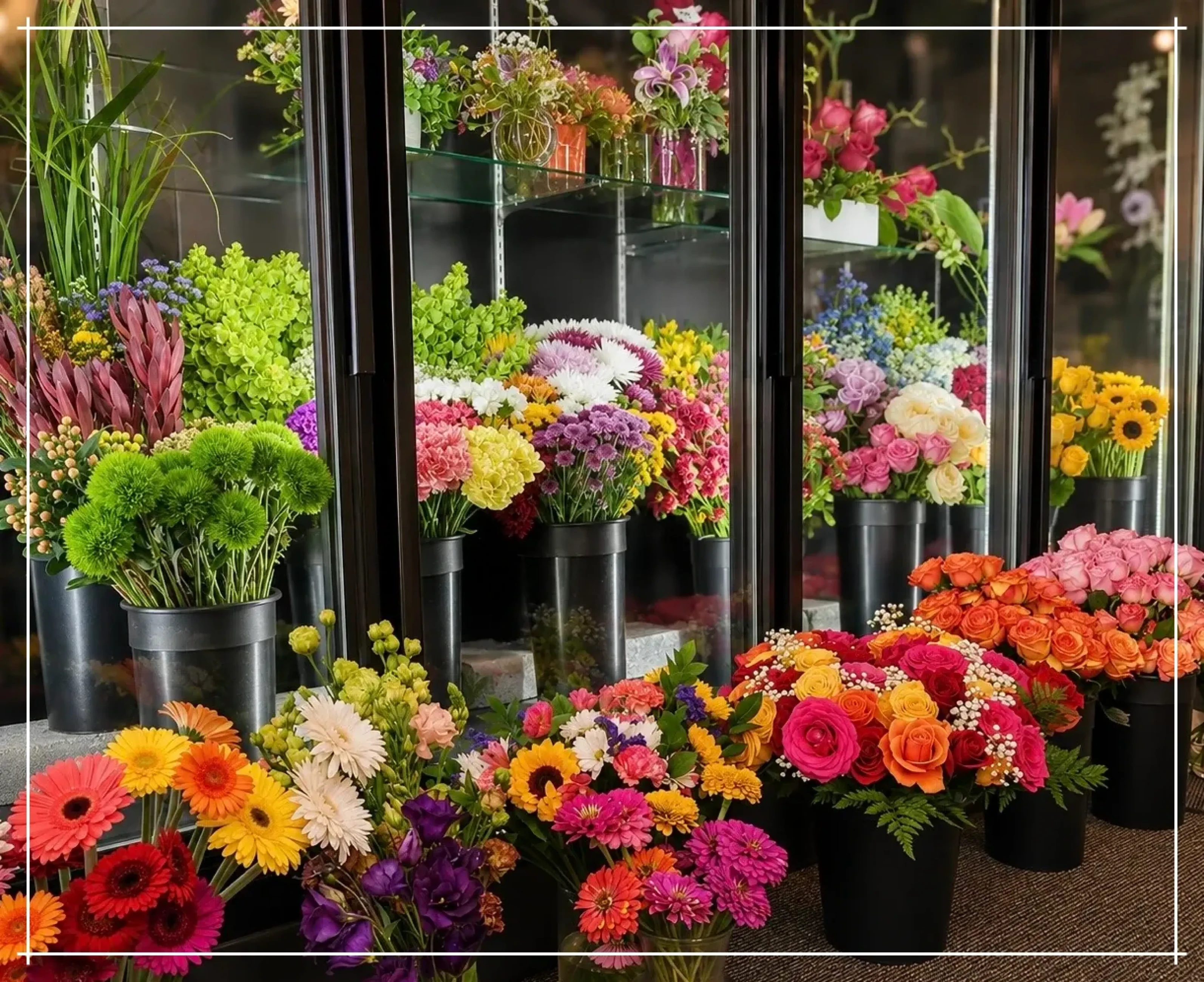 Fresh floral arrangements in the coolers at Cambridge Floral, Inc