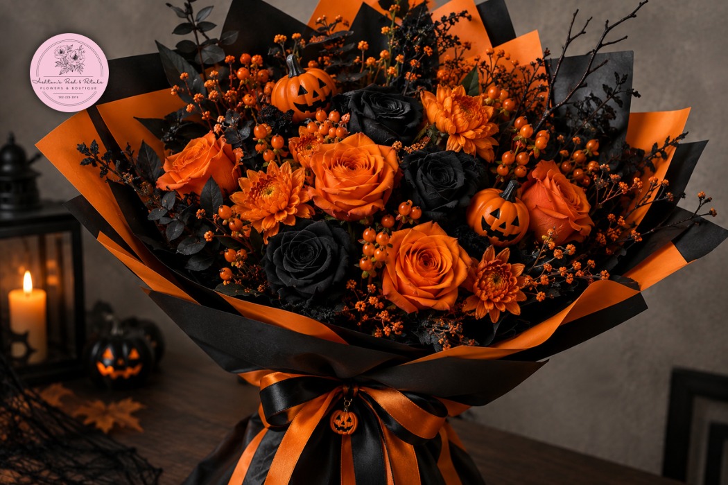 orange and black Halloween bouquet