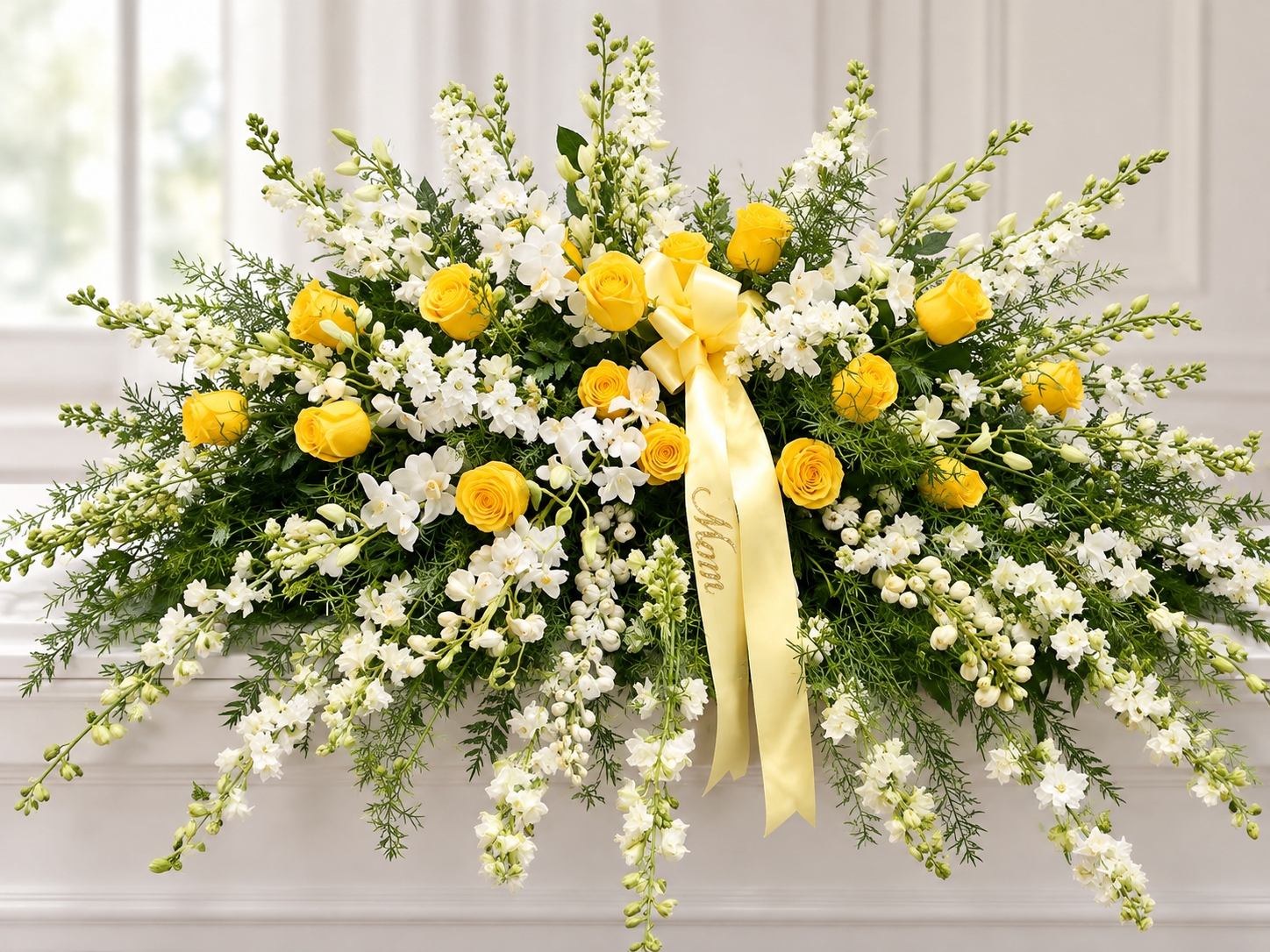 Orchid and Rose Casket Cover in yellow and white by Reynolds Flowers for funeral services in Hanson Massachusetts