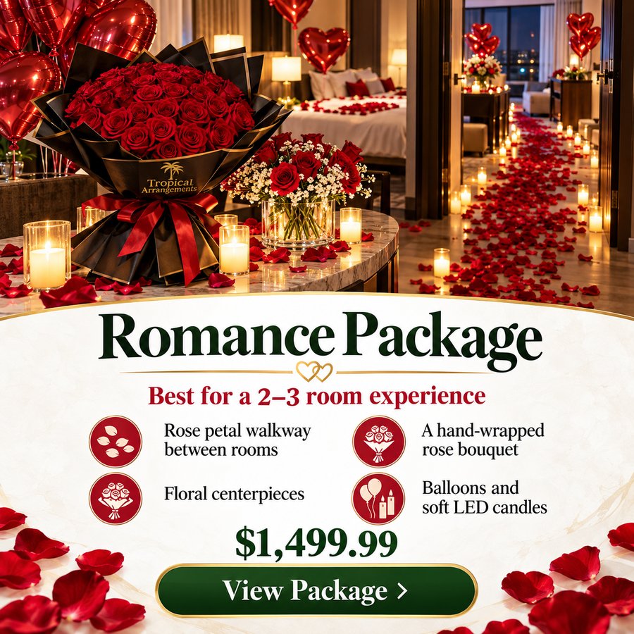 Romance Package, $1,499.99. Best for a 2 to 3 room experience. Includes a rose petal walkway between rooms, floral centerpieces, a hand-wrapped rose bouquet, balloons and soft LED candles. View package.