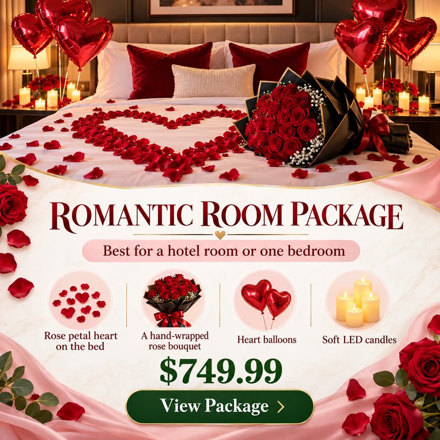 Romantic Room Package, $749.99. Best for a hotel room or one bedroom. Includes a rose petal heart on the bed, a hand-wrapped rose bouquet, heart balloons and soft LED candles. View package.