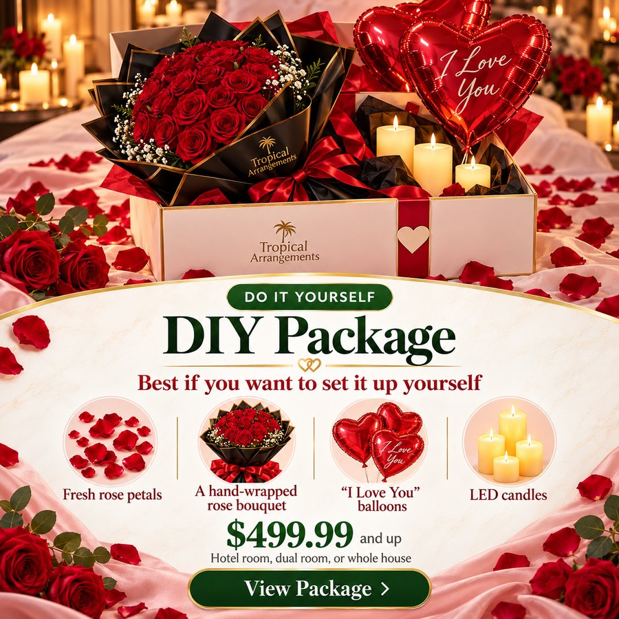 DIY Package, $499.99 and up. Best if you want to set it up yourself. Includes fresh rose petals, a hand-wrapped rose bouquet, I Love You balloons and LED candles. Hotel room, dual room or whole house. View package.