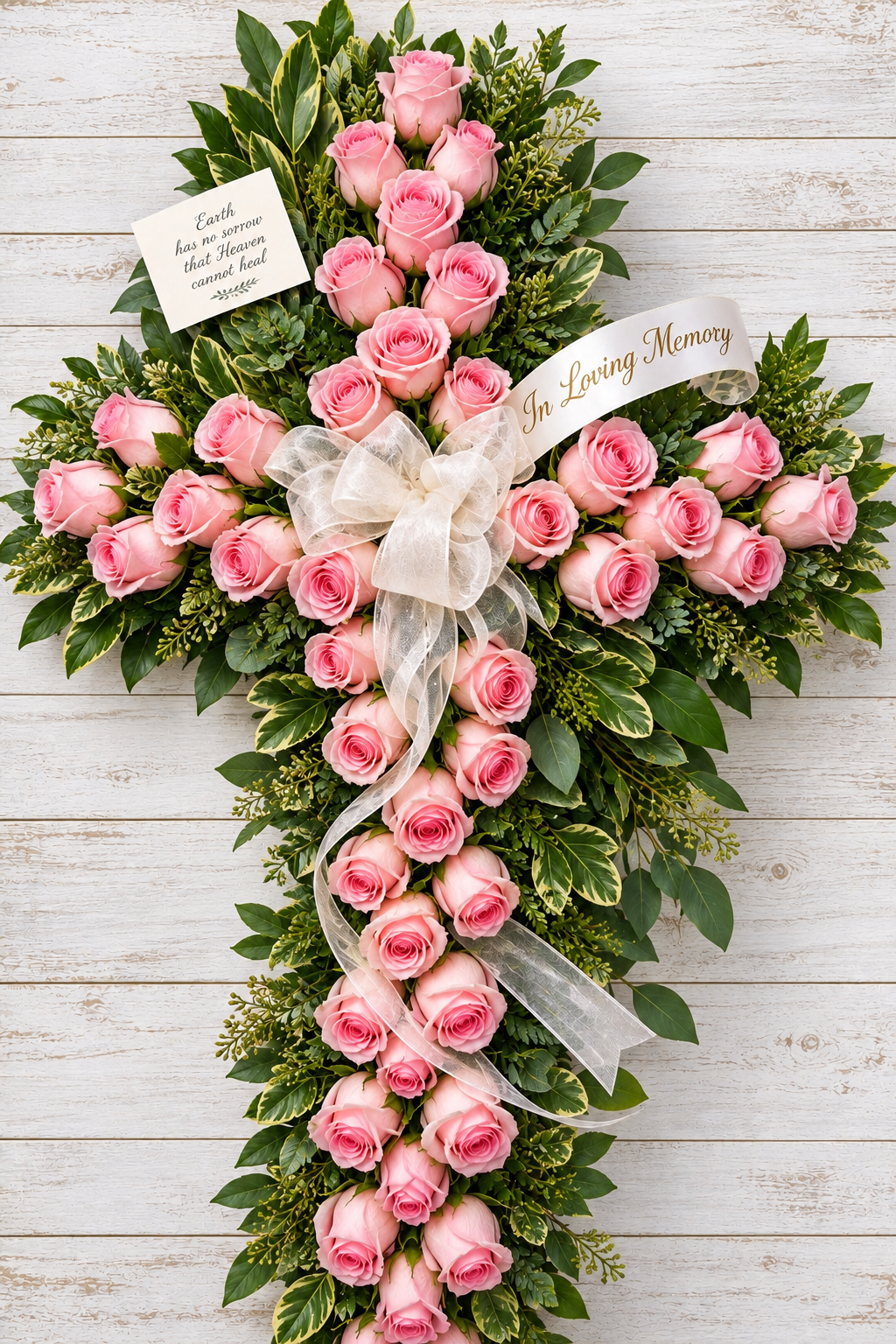 Pink Rose Cross with Aspidistria floral sympathy tribute by Reynolds Flowers for O'Neill Funeral Home in Middleboro