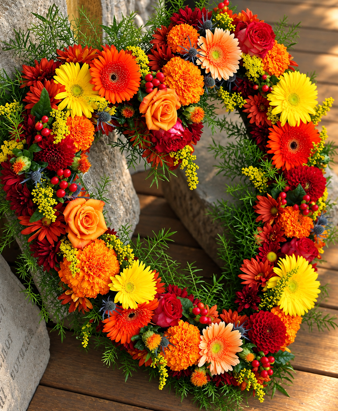 Autumn Heart Wreath by Reynolds Flowers for funeral flower delivery to Conley Funeral Home Brockton Massachusetts