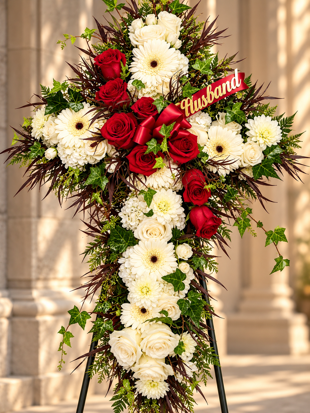 Peaceful Cross Over with Red memorial floral cross by Reynolds Flowers for Plymouth Massachusetts funeral services