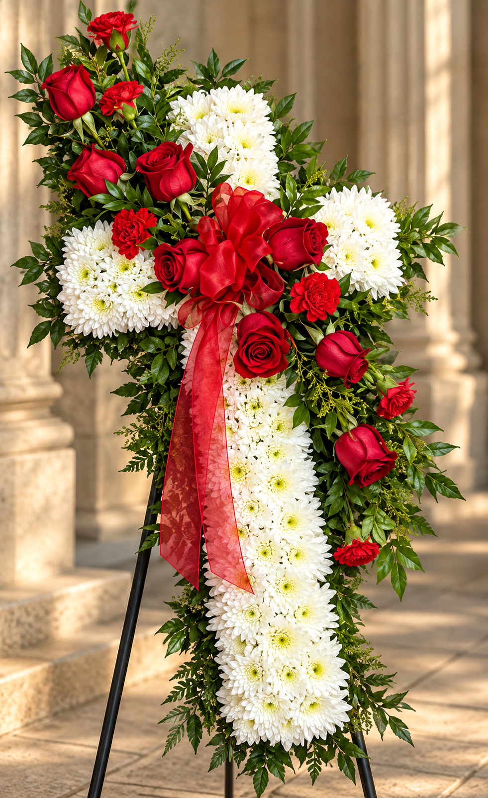 Classic Red White Cross funeral floral tribute by Reynolds Flowers for Norton Memorial Funeral Home in Norton Massachusetts