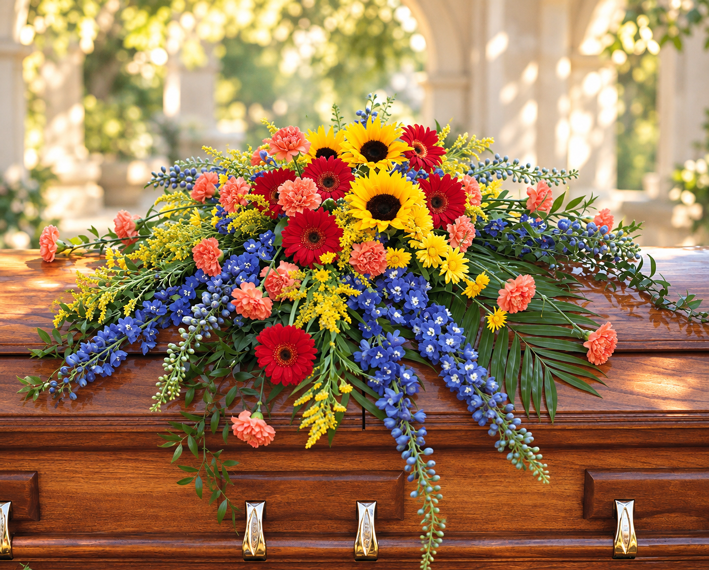 Vibrant Summer Casket Spray by Reynolds Flowers for funeral services at Crapo-Hathaway Funeral Home in Taunton Massachusetts