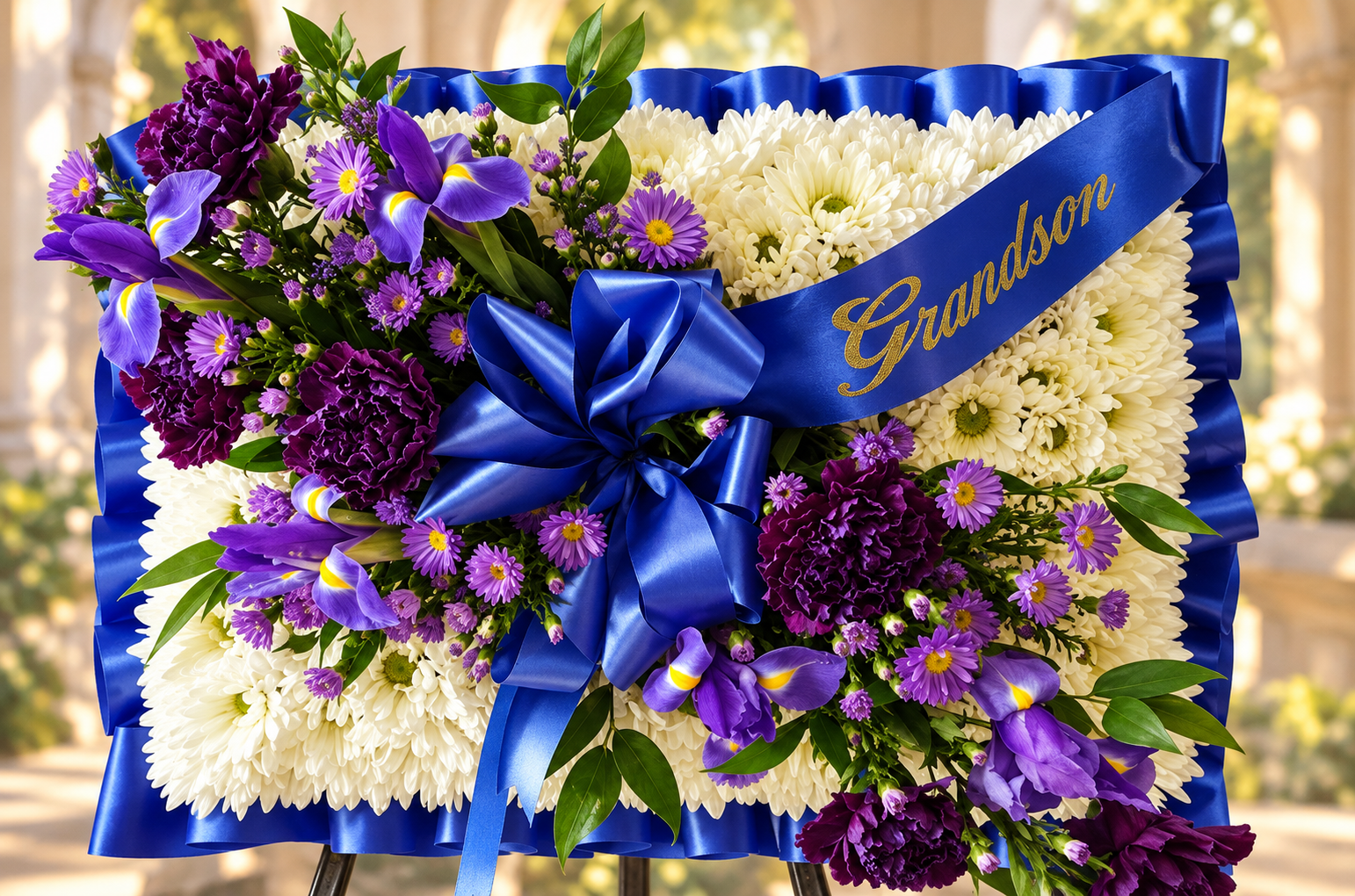 Pillow in Blue White sympathy floral tribute by Reynolds Flowers for Silva Funeral Home in Taunton Massachusetts